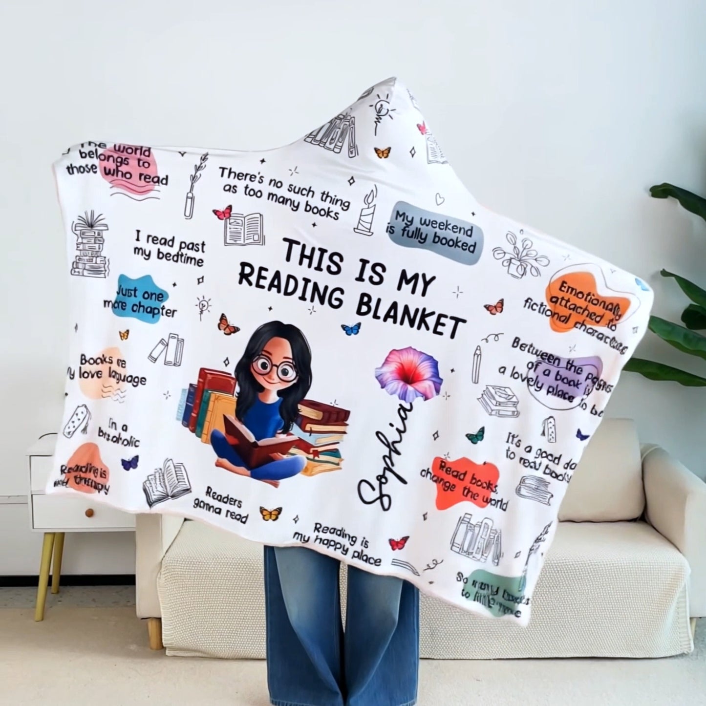Personalized Birth Flower Cartoon Reading Girl Soft Throw Hooded Blanket with Name Birthday Gift for Librarians Book Lovers