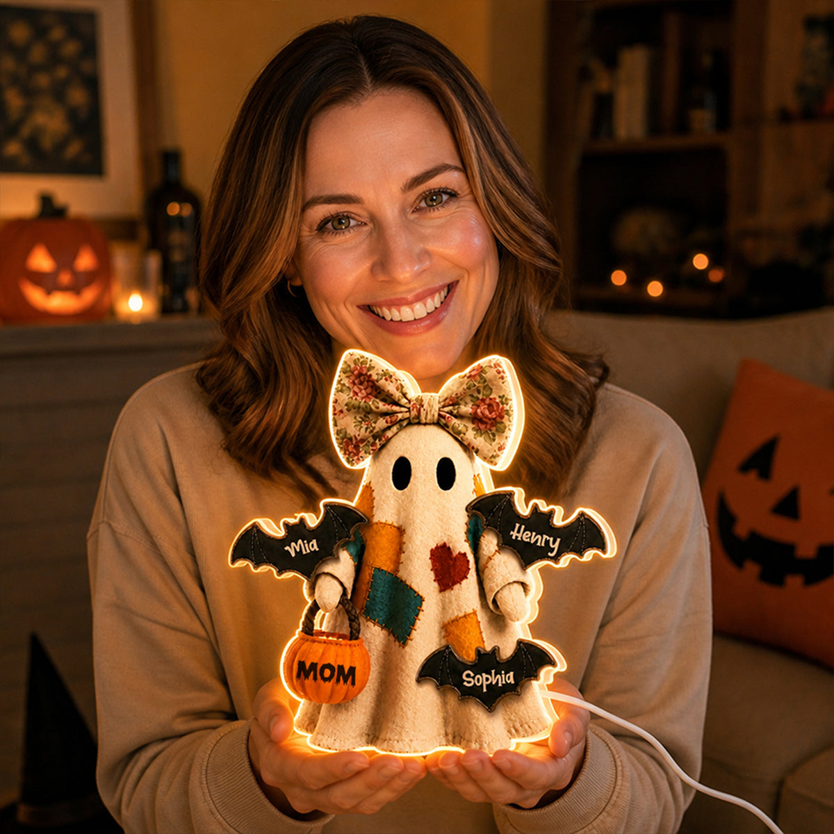Personalized Cute Ghost Pumpkin 1-8 Bats Acrylic LED Night Light with Name and Title Home Decor Halloween Gift for Infant New Mom