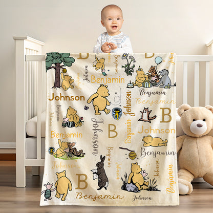Personalized Classic Winnie the Pooh and Friends Soft Throw Blanket with Initial Name Nursery Decor Birthday Baby Shower Gift for Kids Newborns