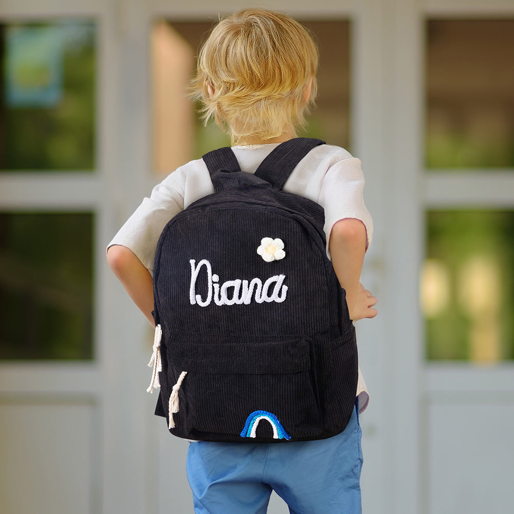 Personalized Braided Flower Rainbow Name Corduroy Kid Toddler Backpack for Preschool Kindergarten Birthday Back to School Gift for Boys Girls