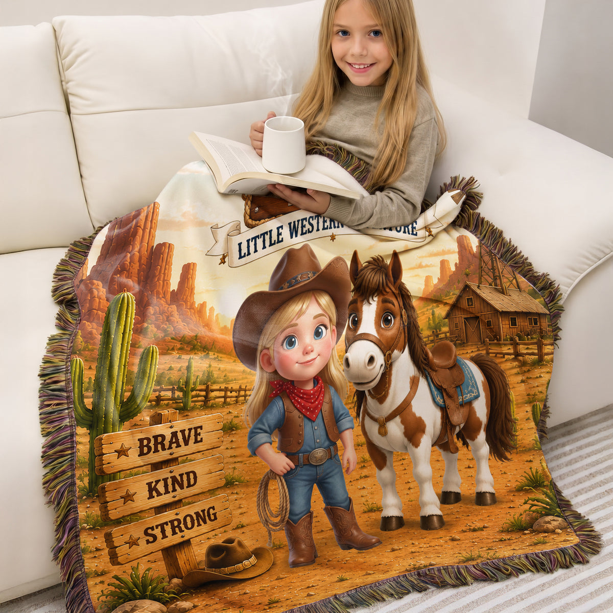 Personalized Western Cowboy Photo Horse Pattern Soft Tassel Throw Blanket with Name Home Decor Daily Use Birthday Gift for Kids