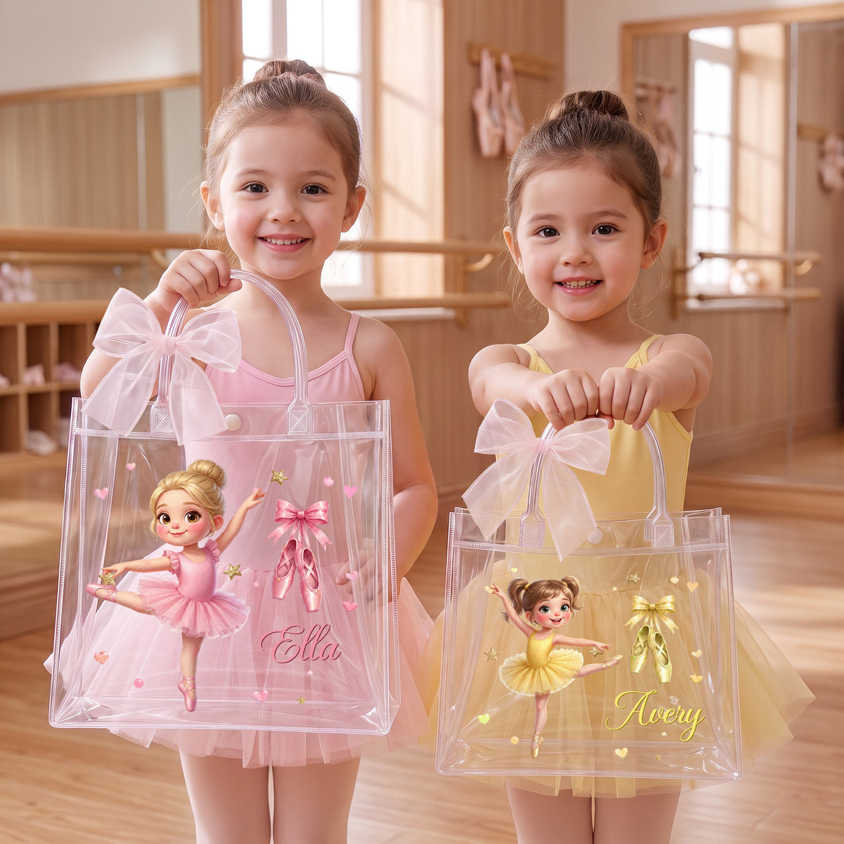 Personalized Cartoon Ballet Girl Photo Design Transparent Bag with Name and Ribbon Daily Use Dance Class Birthday Gift for Ballet Lovers Girls