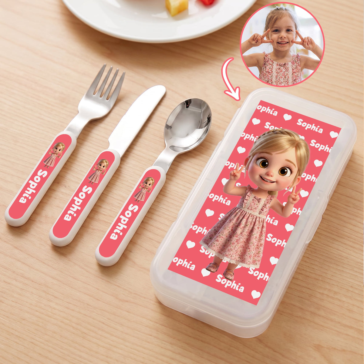 Custom Cute Cartoon Photo Kid Fork Spoon Knife 3 Pcs Cutlery Set | Safe Stainless Steel, Birthday Gift for Boys Girls