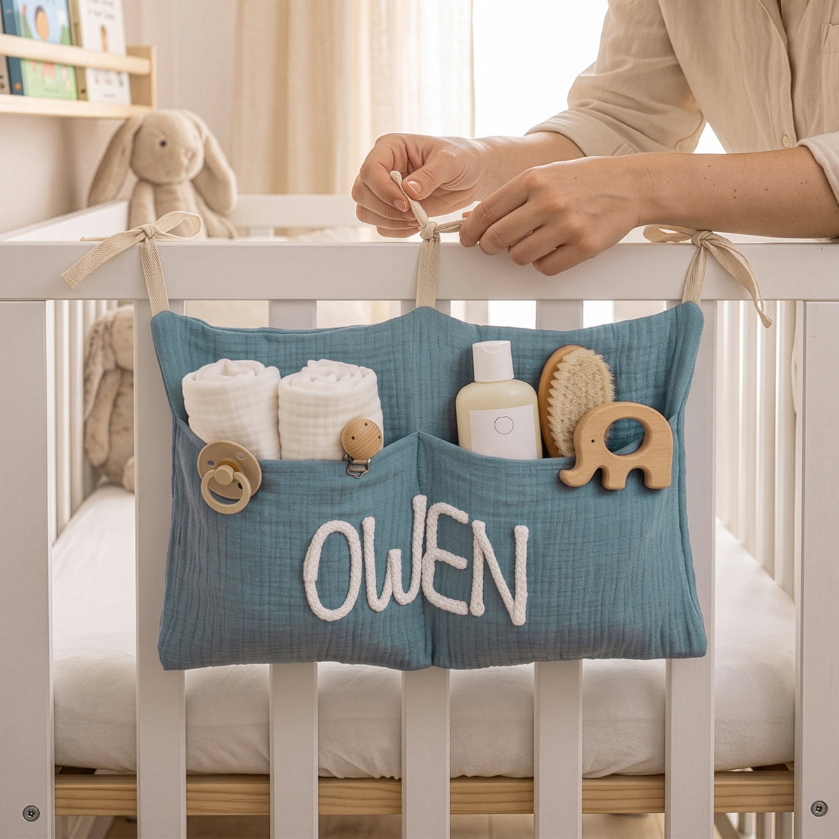 Personalized Soft Cotton Linen Hanging Storage Bag with Knit Name Car Seat Organizer & Crib Nursery Storage Decor Baby Shower Gift for Kids