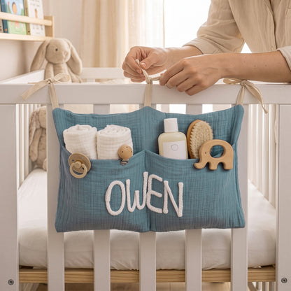 Personalized Soft Cotton Linen Hanging Storage Bag with Knit Name Car Seat Organizer & Crib Nursery Storage Decor Baby Shower Gift for Kids
