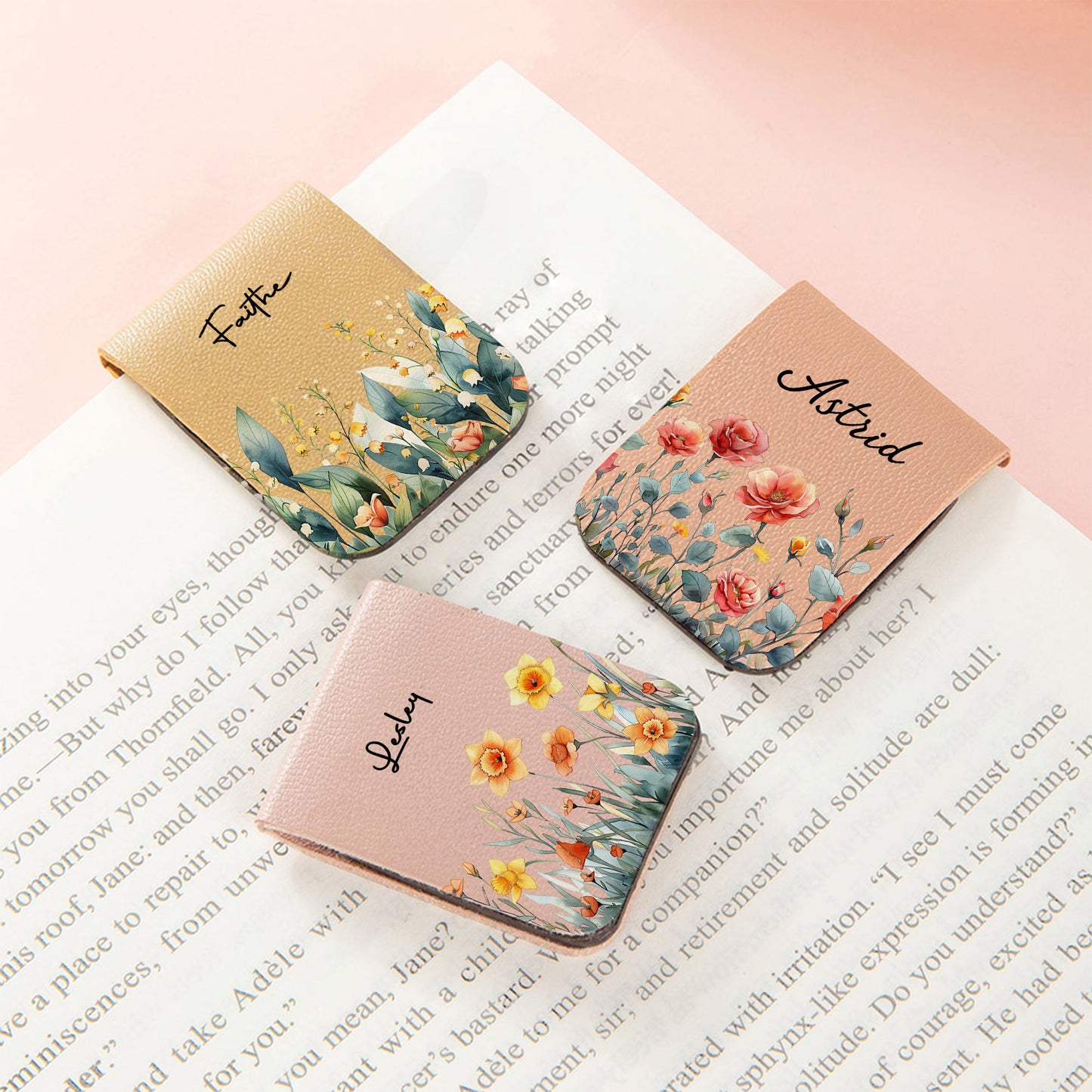 Personalized Watercolor Birth Flower Magnetic PU Leather Bookmark Clip with Name Reading Birthday Gift for Book Lovers Bookworms