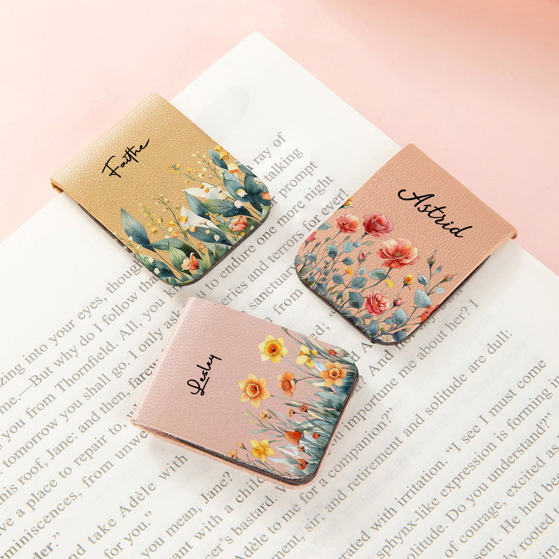 Personalized Watercolor Birth Flower Magnetic PU Leather Bookmark Clip with Name Reading Birthday Gift for Book Lovers Bookworms