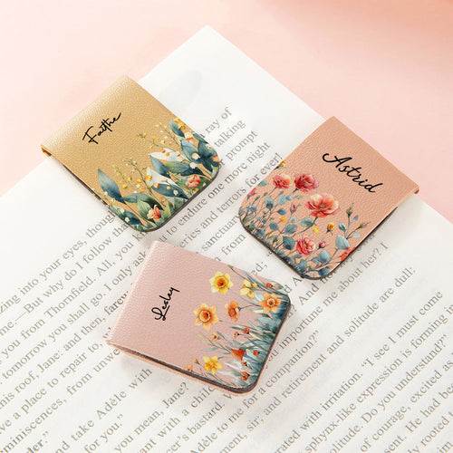 Personalized Watercolor Birth Flower Magnetic PU Leather Bookmark Clip with Name Reading Birthday Gift for Book Lovers Bookworms