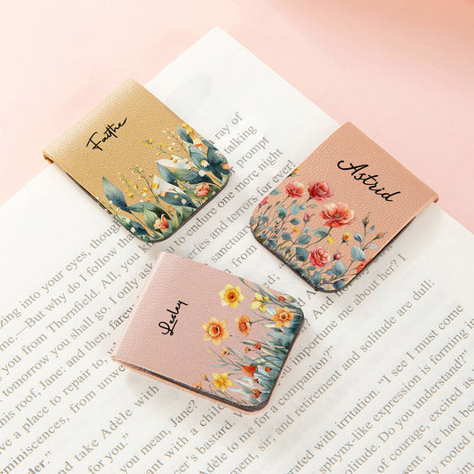 Personalized Watercolor Birth Flower Magnetic PU Leather Bookmark Clip with Name Reading Birthday Gift for Book Lovers Bookworms