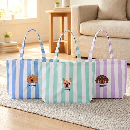 Personalized Pet Photo Embroidery Striped Large Tote Bag with 1-3 Names Daily Use Birthday Gift for Dog Cat Pet Owner Lovers