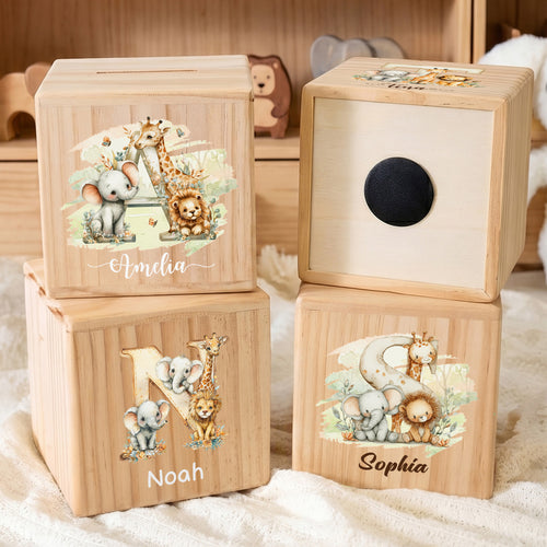Personalized Initial Cute Animal Pattern Wooden Cube Money Box with Name Kids Room Decor Birthday Children's Day Gift for Boys Girls