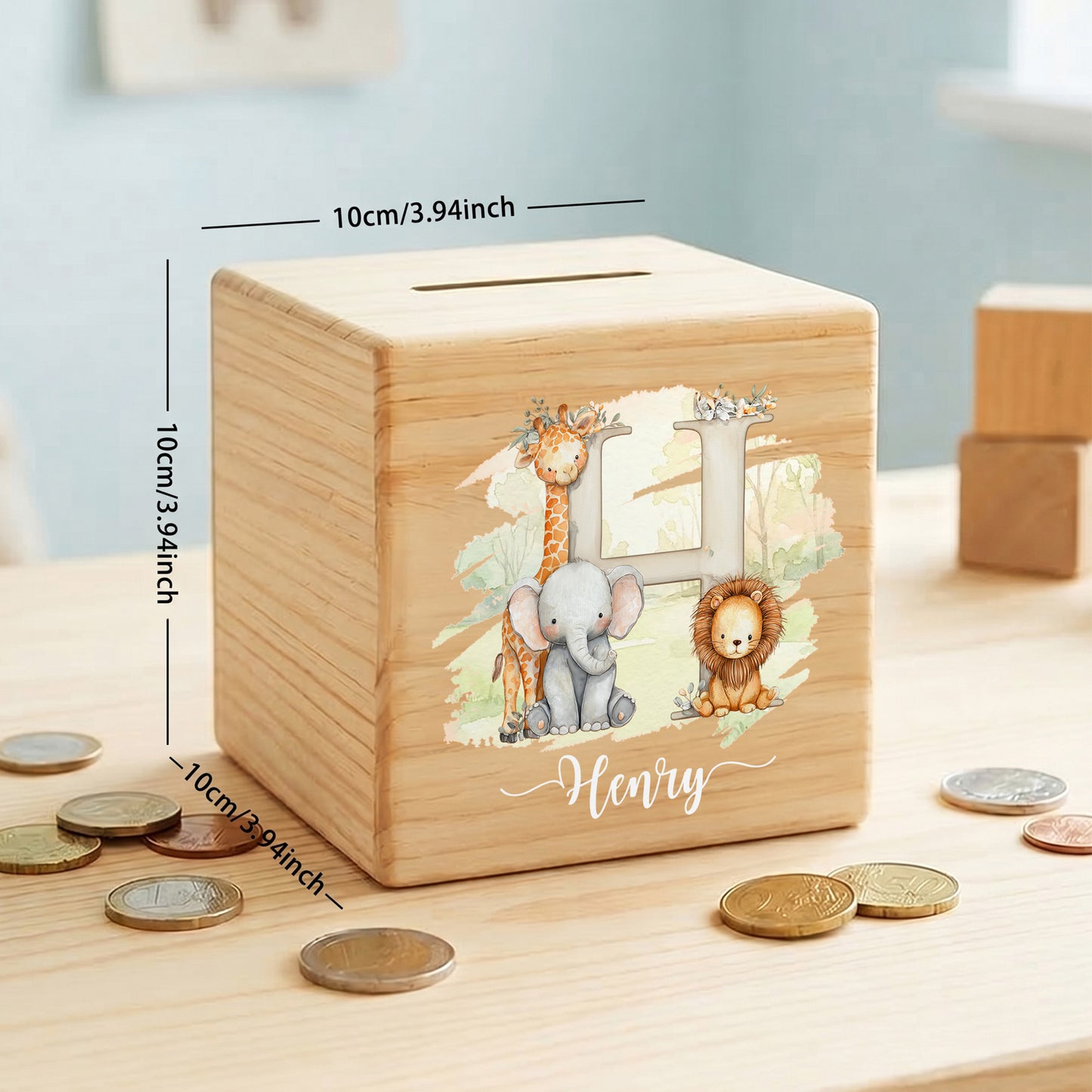 Personalized Initial Cute Animal Pattern Wooden Cube Money Box with Name Kids Room Decor Birthday Children's Day Gift for Boys Girls
