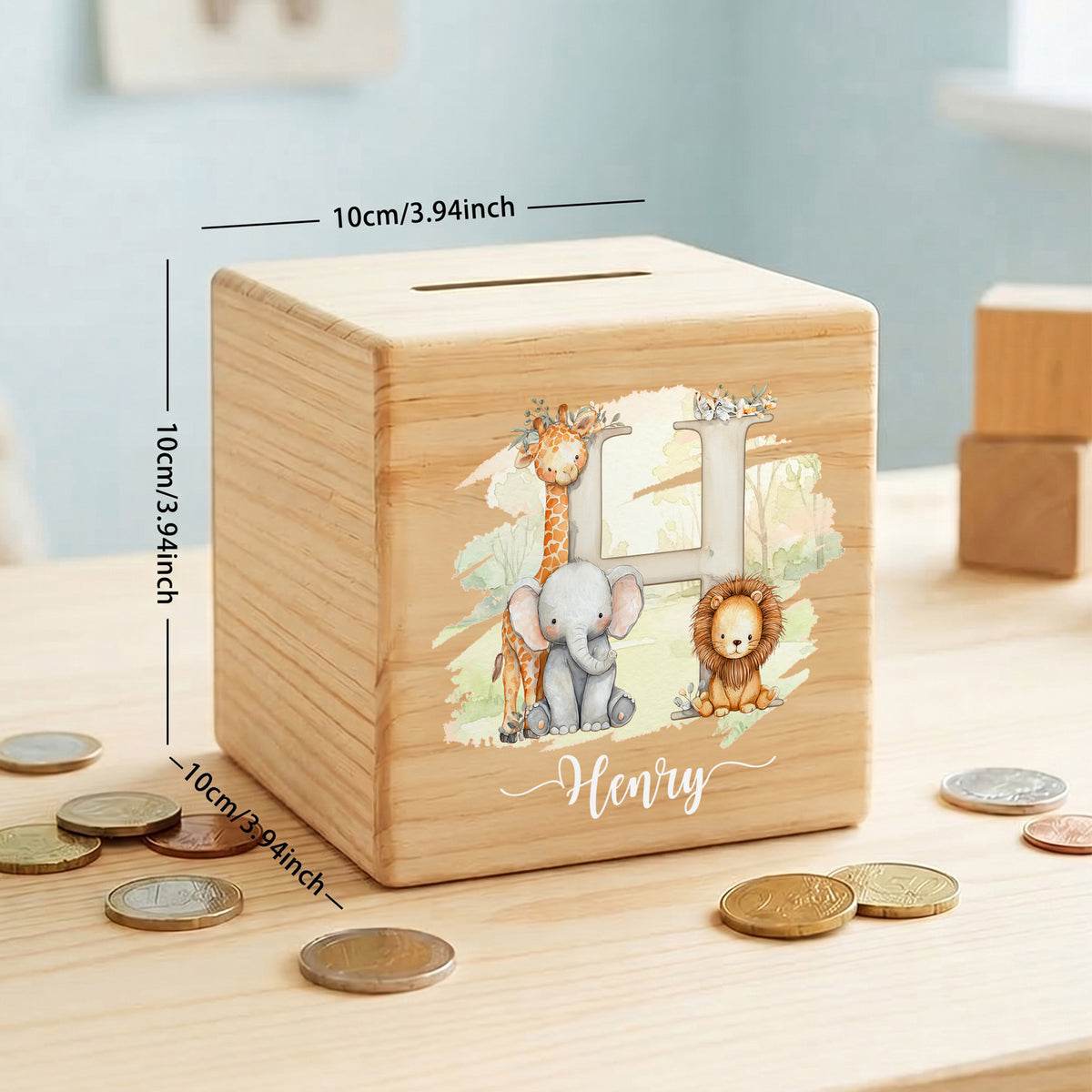 Personalized Initial Cute Animal Pattern Wooden Cube Money Box with Name Kids Room Decor Birthday Children's Day Gift for Boys Girls