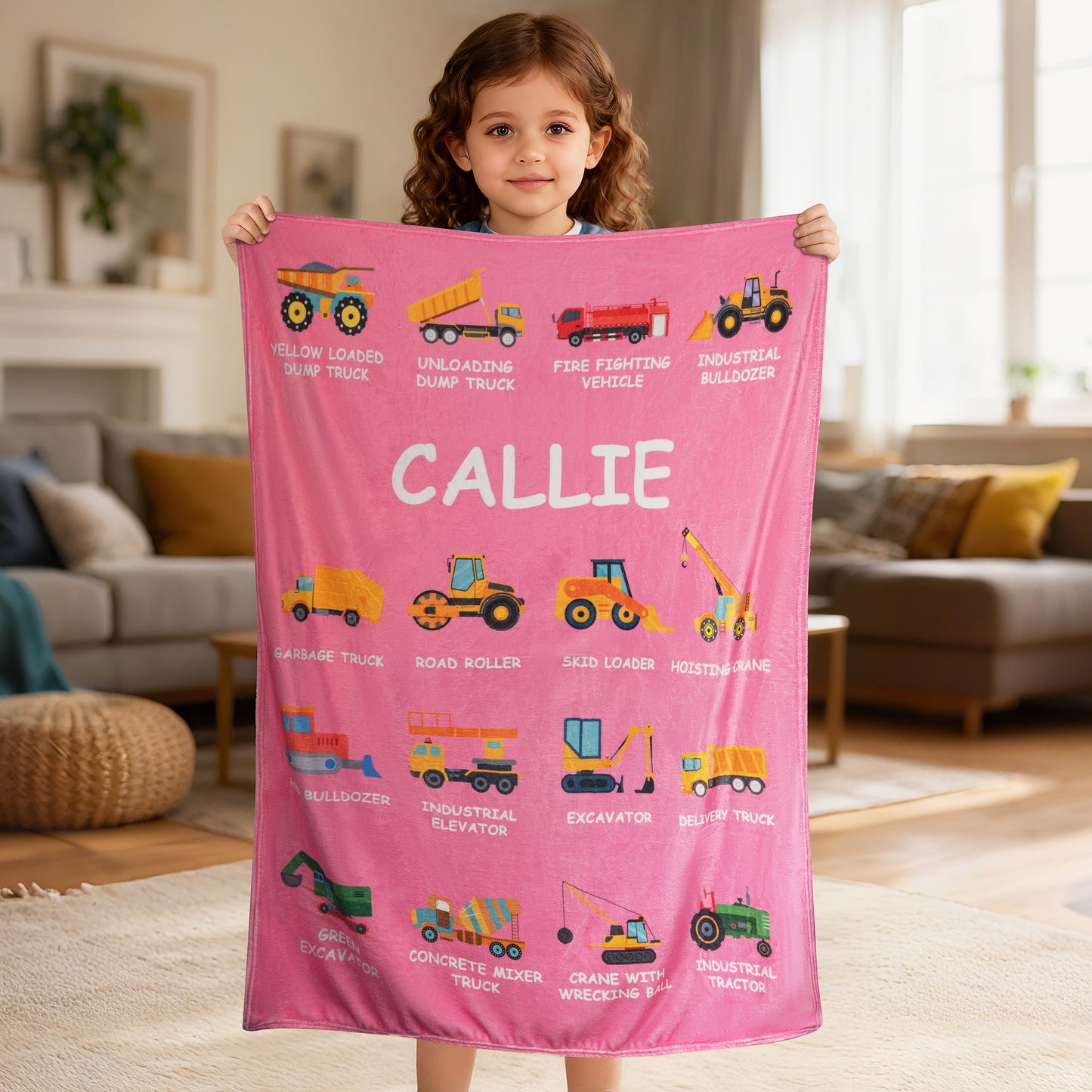 Personalized Construction Truck Blanket with Name – Soft Anti-Pilling Flannel Toddler Throw Gift for Kids