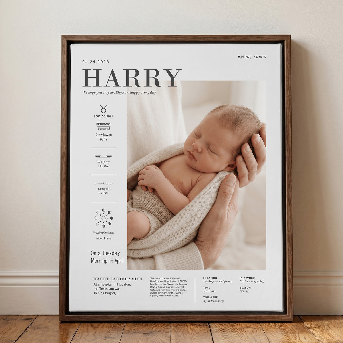 Personalized Modern Baby Photo Birth Information Canvas Prints with Name Nursery Decor Ship from USA Baby Shower Birthday Gift for Newborn New Parent