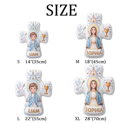 Personalized the Virgin and Child Christian Cross Shaped Soft Throw Pillow with Name Home Decor Birthday Gift for Kids
