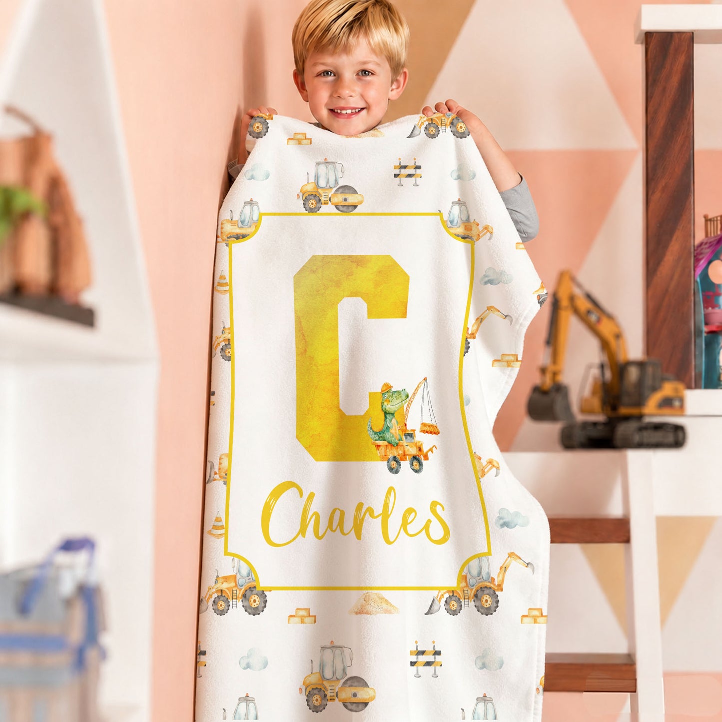 Personalized Cartoon Animal Construction Bulldozer Soft Throw Blanket with Name and Initial Nursery Decor Birthday Baby Shower Gift for New Baby