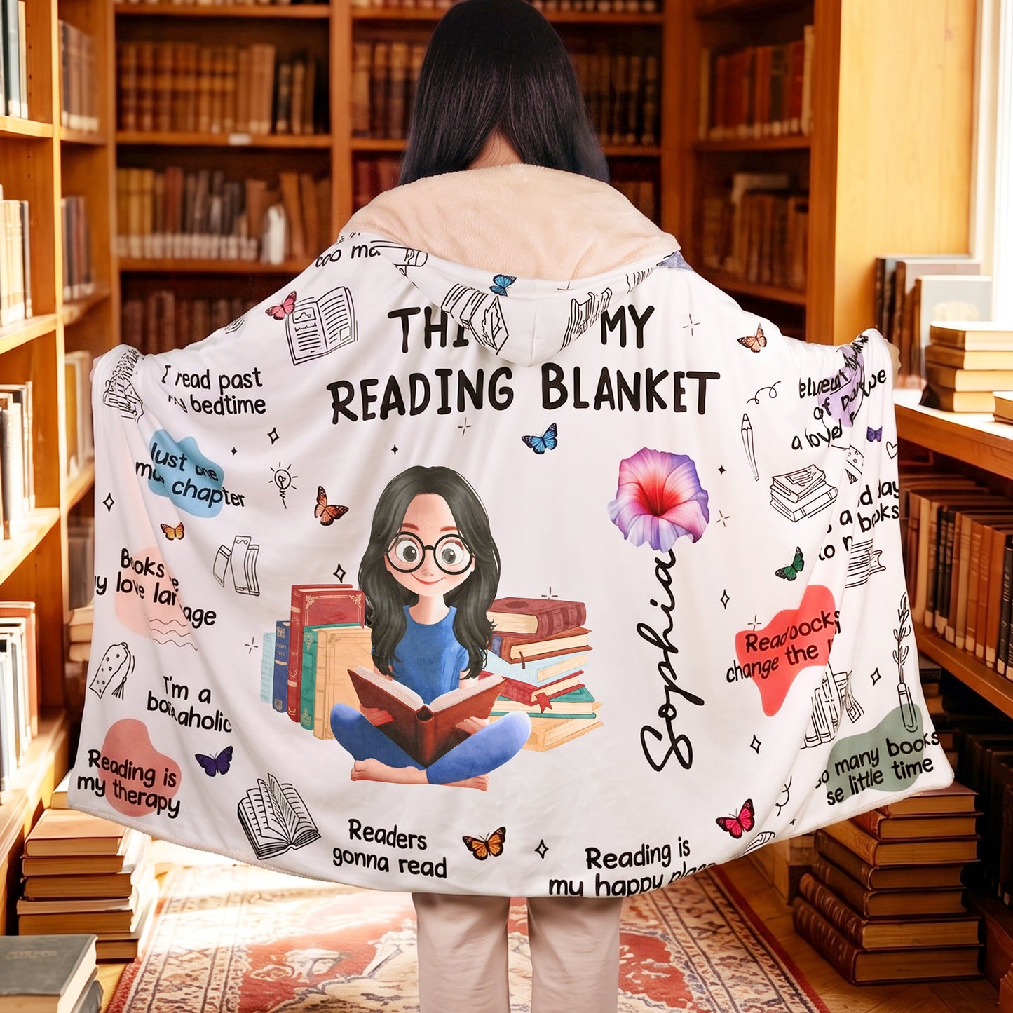 Personalized Birth Flower Cartoon Reading Girl Soft Throw Hooded Blanket with Name Birthday Gift for Librarians Book Lovers
