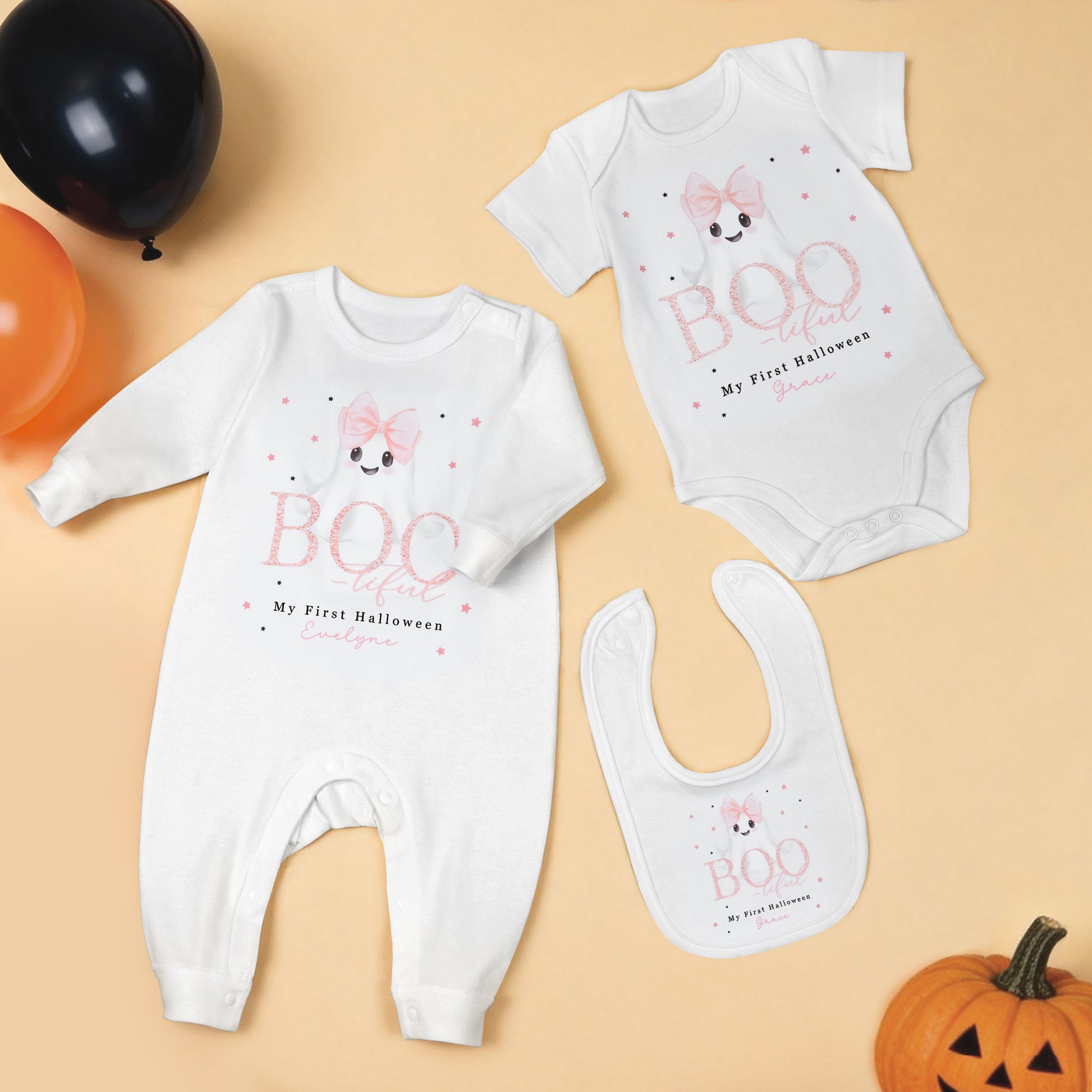 Personalized Cute Ghost Bow Baby Girl Bib Onesie Baby Bodysuit with Name Baby's First Halloween Gift for New Parents