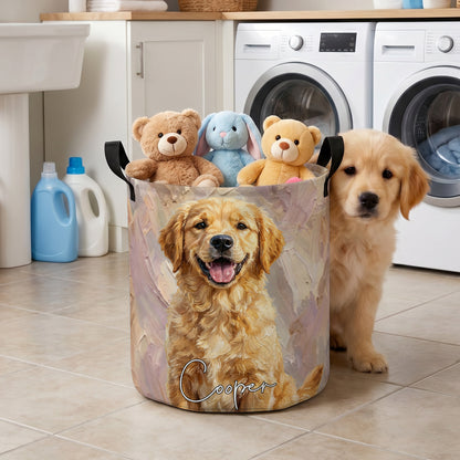 Personalized Oil Painting Style Pet Photo Large Capacity Laundry Basket with Name and Handle Nursery Decor Birthday Gift for Pet Owner Lover