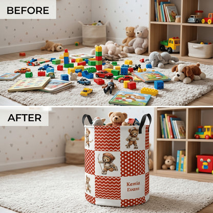 Personalized Sports Teddy Bear Polka Dot Large Capacity Laundry Basket with Name and Handle Nursery Decor Birthday Gift for Kids