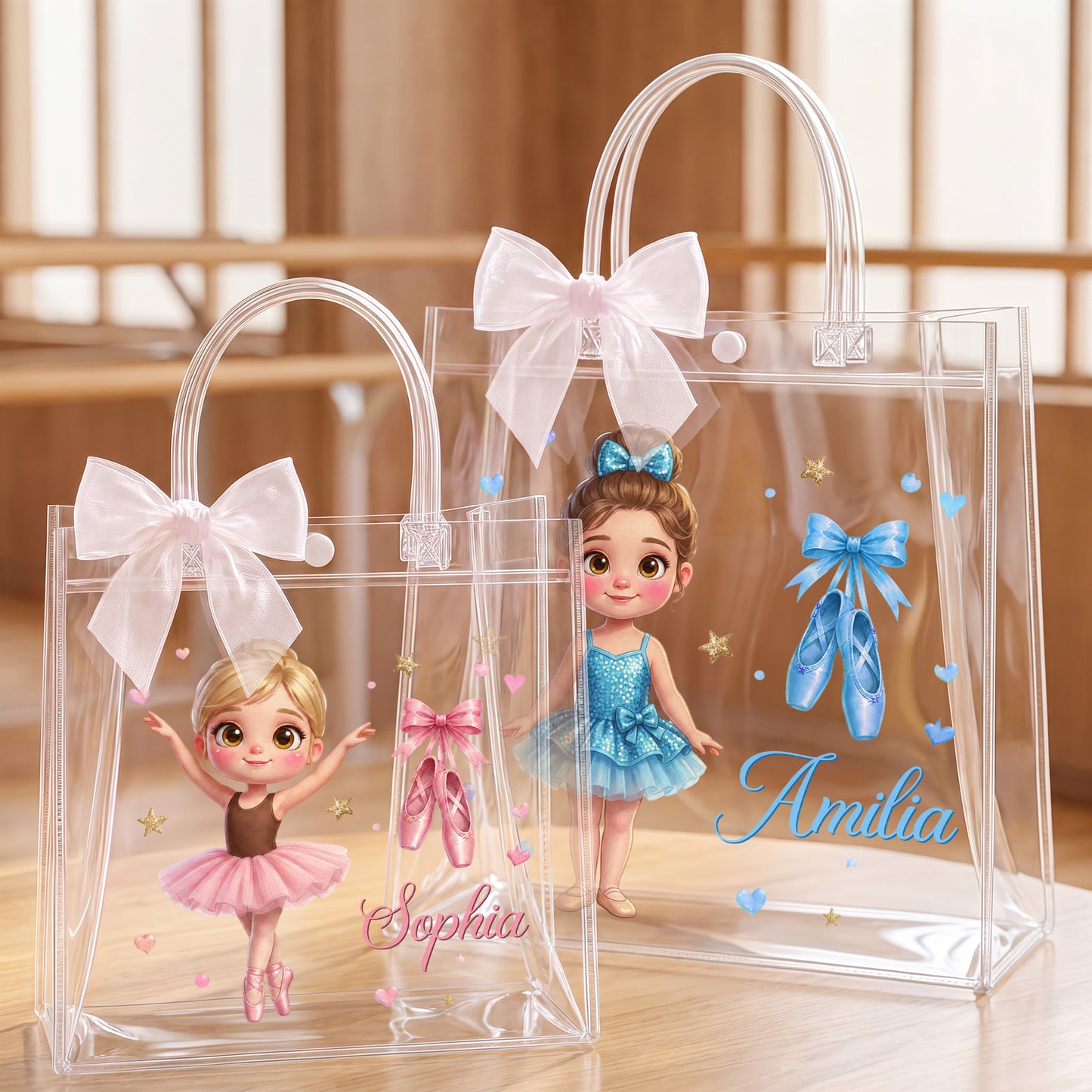 Personalized Cartoon Ballet Girl Photo Design Transparent Bag with Name and Ribbon Daily Use Dance Class Birthday Gift for Ballet Lovers Girls