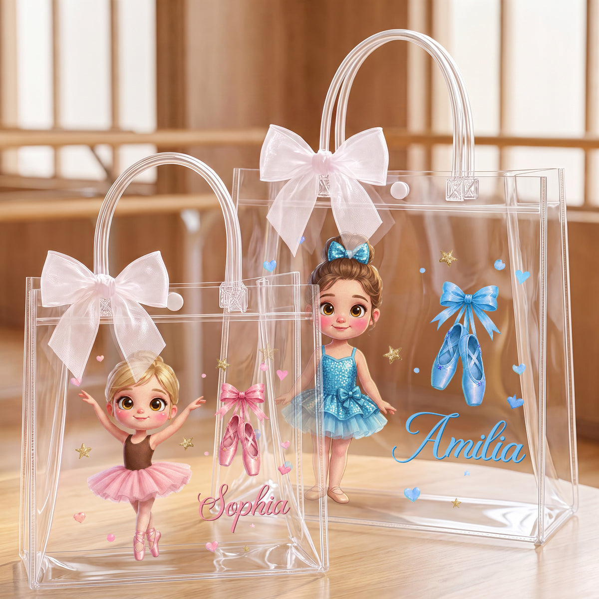 Personalized Cartoon Ballet Girl Photo Design Transparent Bag with Name and Ribbon Daily Use Dance Class Birthday Gift for Ballet Lovers Girls