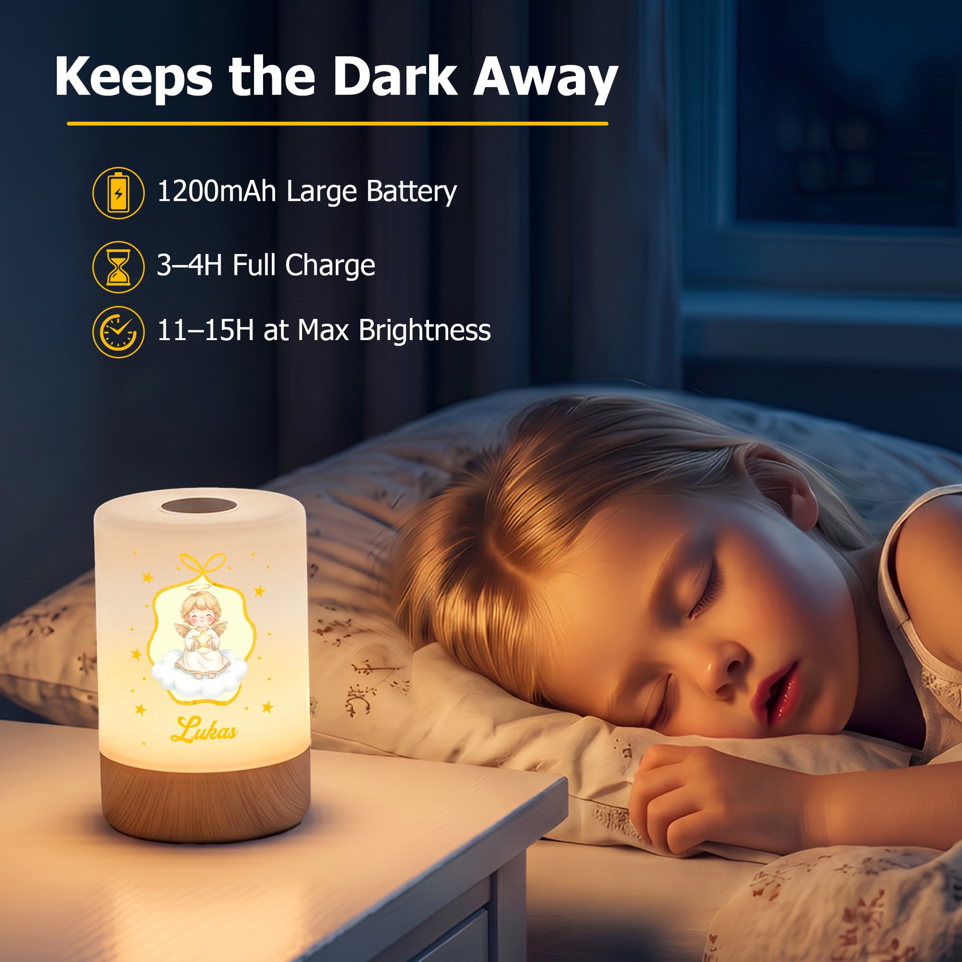 Personalized Holy Infant Angel Dimmable Touch USB Rechargeable Night Light with Name Bedroom Decor Birthday Christmas Anniversary Gift for Children
