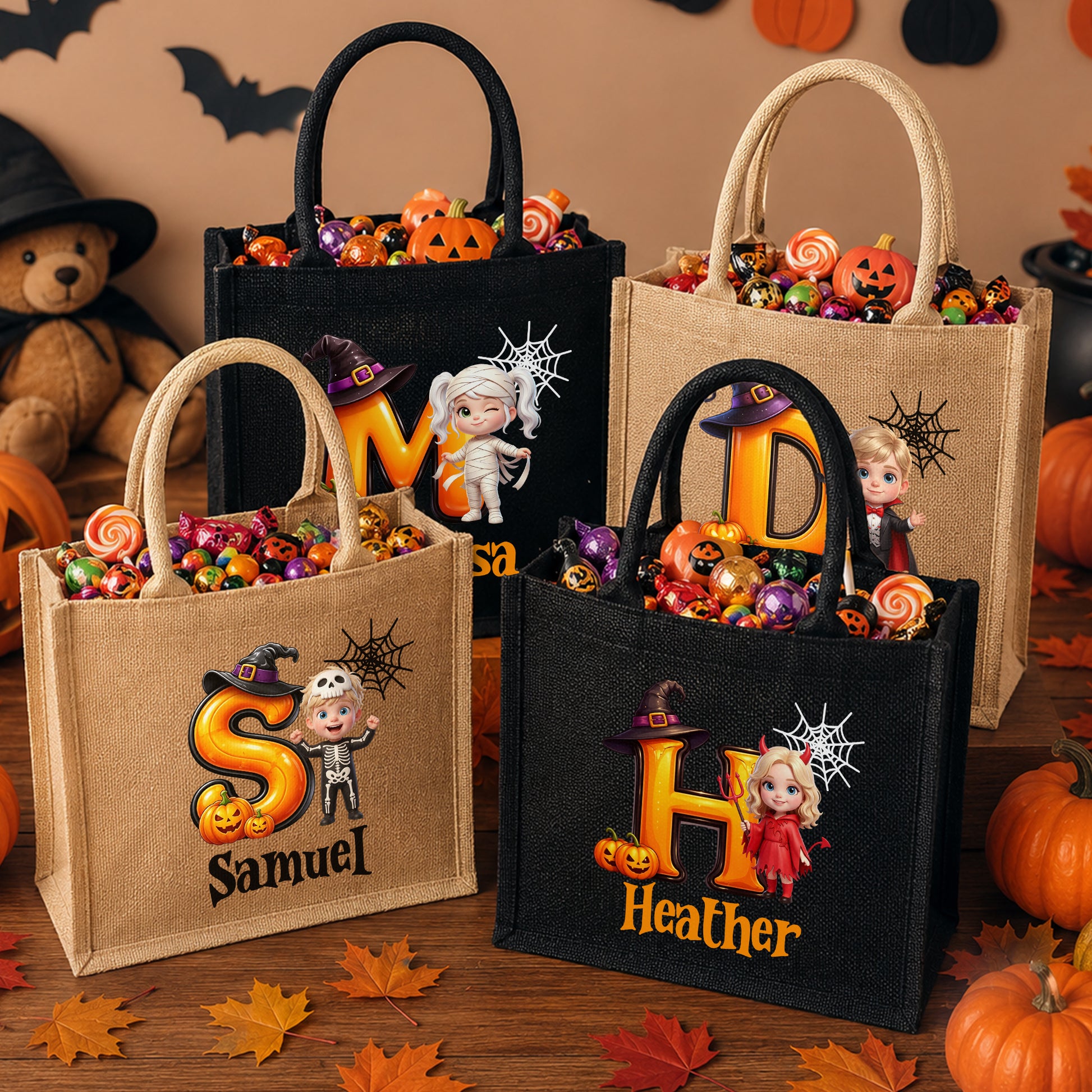 Personalized Pumpkin Halloween Cartoon Ghost Character Jute Tote Bag with Name Halloween Party Gift for Boys Girls