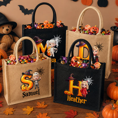 Personalized Pumpkin Halloween Cartoon Ghost Character Jute Tote Bag with Name Halloween Party Gift for Boys Girls