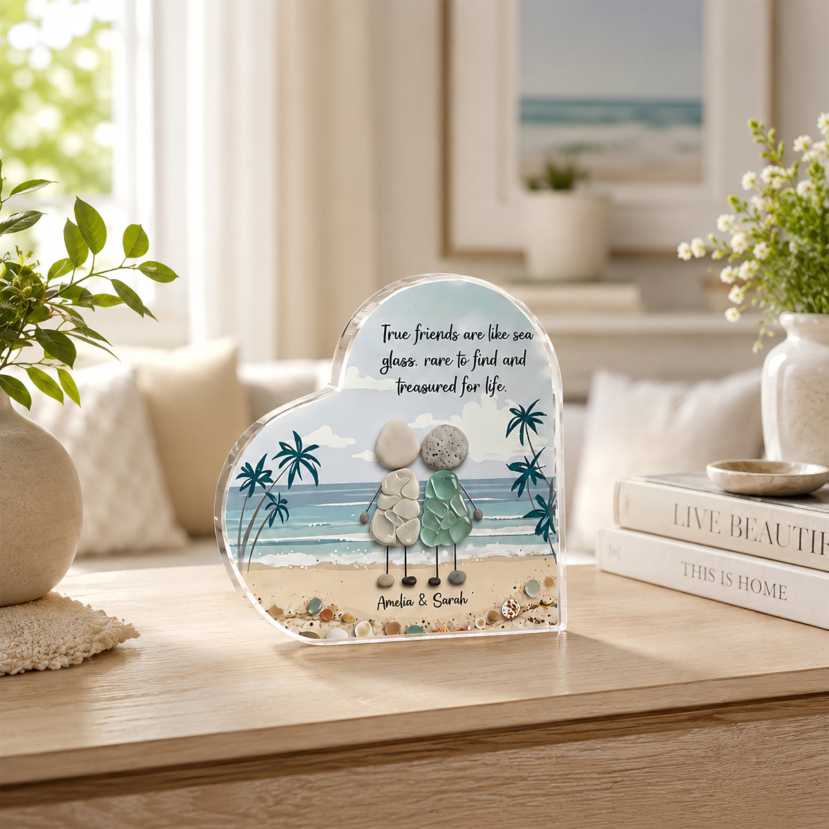 Personalized Sea Glass Inspired Beach Friendship Heart-Shaped Acrylic Plaque with Text Birthday Gift for Sisters Friends Bestie