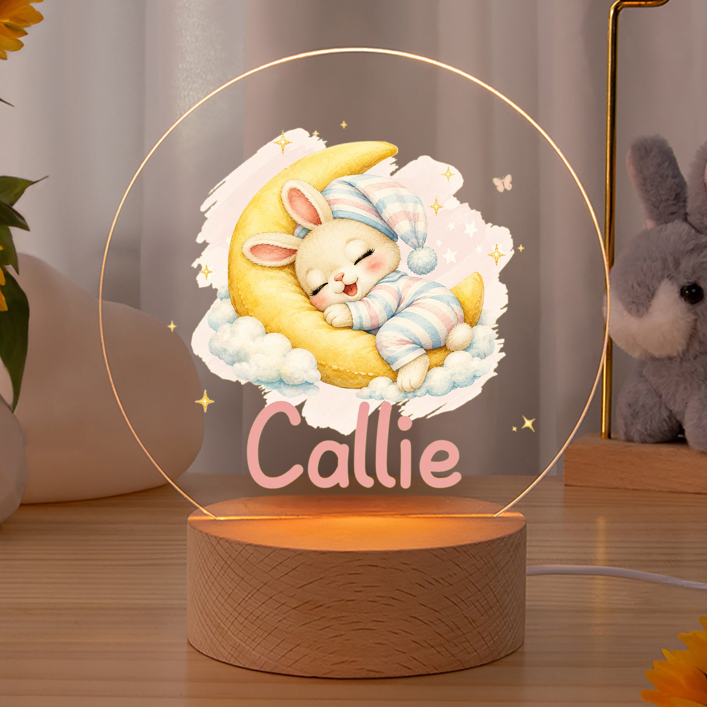 Personalized Cute Cartoon Animal Acrylic LED Night Light with Name and Wooden Base Bedside Decor Birthday Gift for Kids New Parents