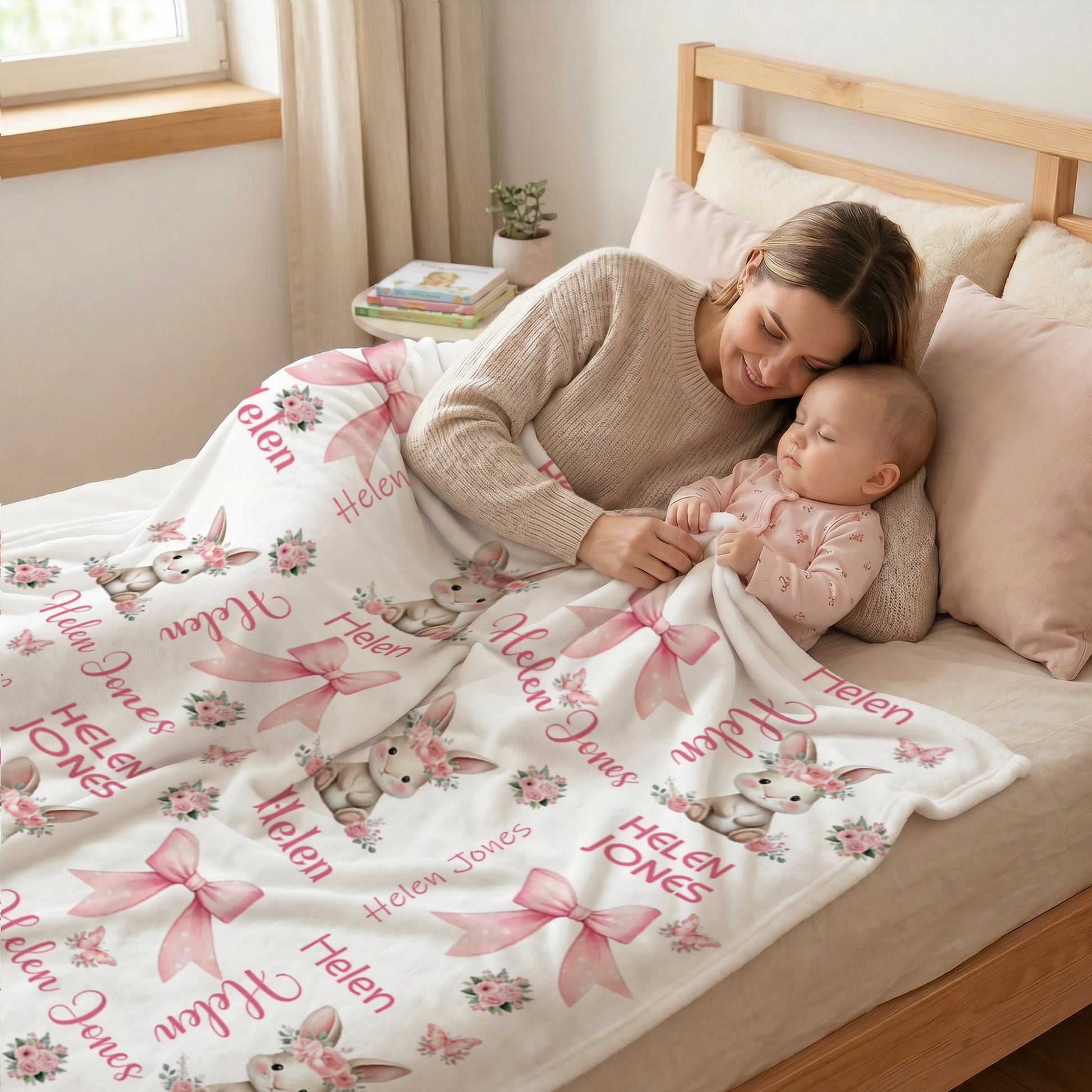 Personalized Floral Bunny Pink Bow Soft Throw Blanket with Name Bedroom Decor Baby Shower Birthday Gift for Baby Girl
