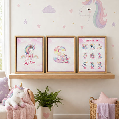 Personalized Minimalist Fantasy Unicorn Initial 3-Piece Canvas Prints with Name Nursery Decor Ship from USA Baby Shower Birthday Gift for Girl Newborn