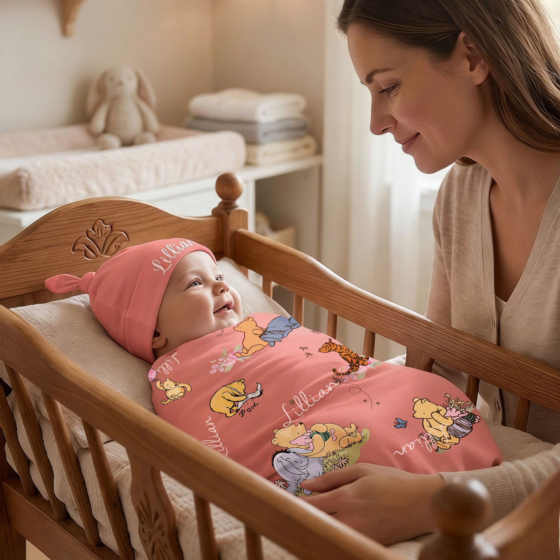 Personalized Classic Winnie the Pooh 100% Cotton Soft Swaddle Hat Set with Name Birthday Baby Shower Gift for Baby Newborn