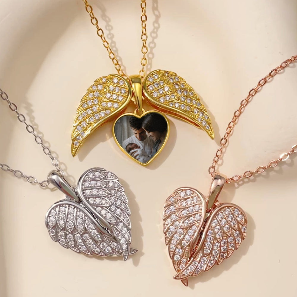My Guardian Angel Always Close to My Heart - Personalized Sterling Silver Angel Wing Photo Locket Necklace