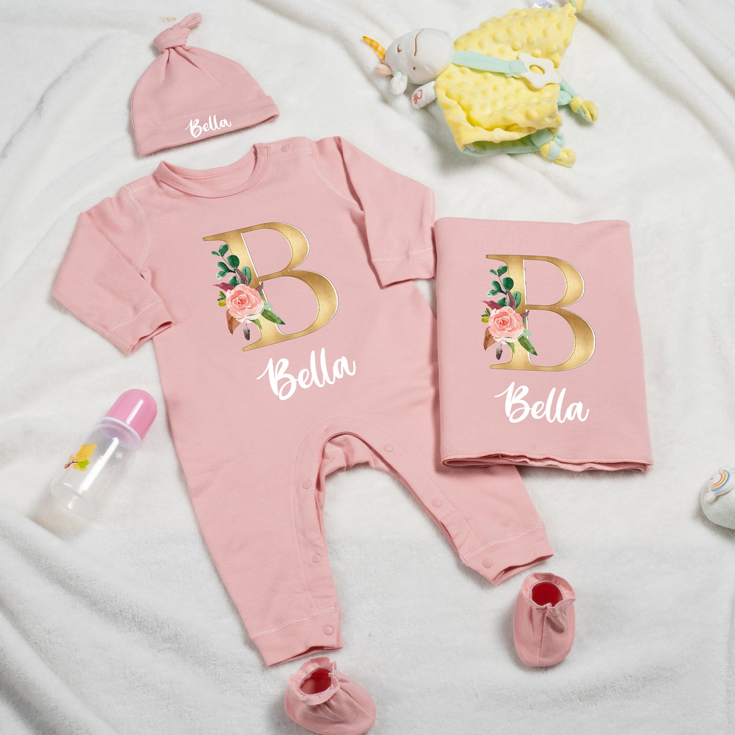 Personalized Initial Floral Design Name 100% Cotton Baby Romper Hat Blanket Outfit with Gift Box Baby Shower  Coming Home Gift for Newborn