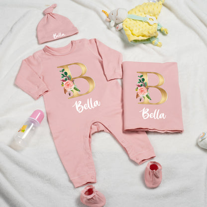Personalized Initial Floral Design Name 100% Cotton Baby Romper Hat Blanket Outfit with Gift Box Baby Shower  Coming Home Gift for Newborn