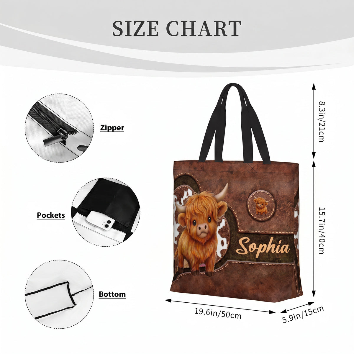 Personalized Cute Cartoon Highland Cow Large Capacity Tote Bag with Name Birthday Gift for Highland Cow Lovers Friends