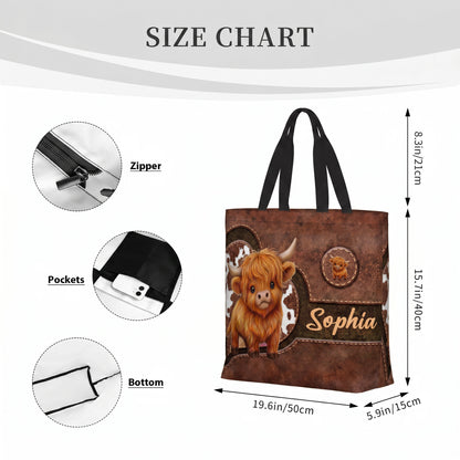 Personalized Cute Cartoon Highland Cow Large Capacity Tote Bag with Name Birthday Gift for Highland Cow Lovers Friends