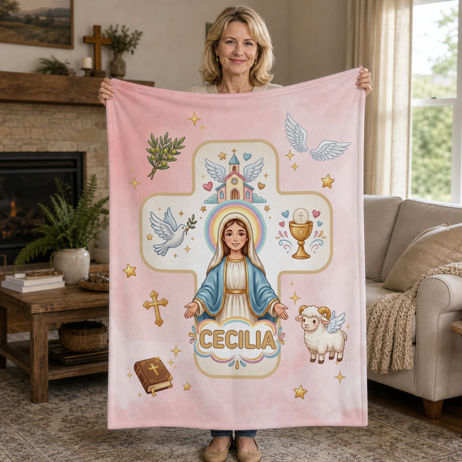 Personalized Virgin Mary & Jesus Cross Soft Warm Throw Blanket with Name Room Decor Baptism Gift for Kid Newborn