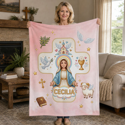 Personalized Virgin Mary & Jesus Cross Soft Warm Throw Blanket with Name Room Decor Baptism Gift for Kid Newborn