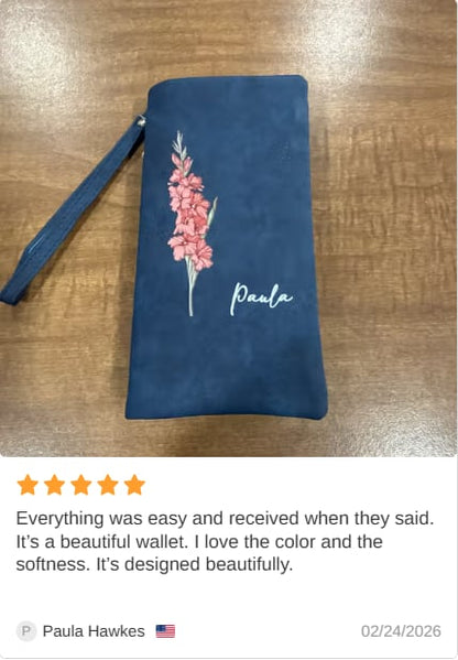 Personalized Watercolor Birth Flower Tri-Fold PU Leather Wristlet Wallet with Card Holder and Name Birthday Anniversary Gift for Women - CALLIE