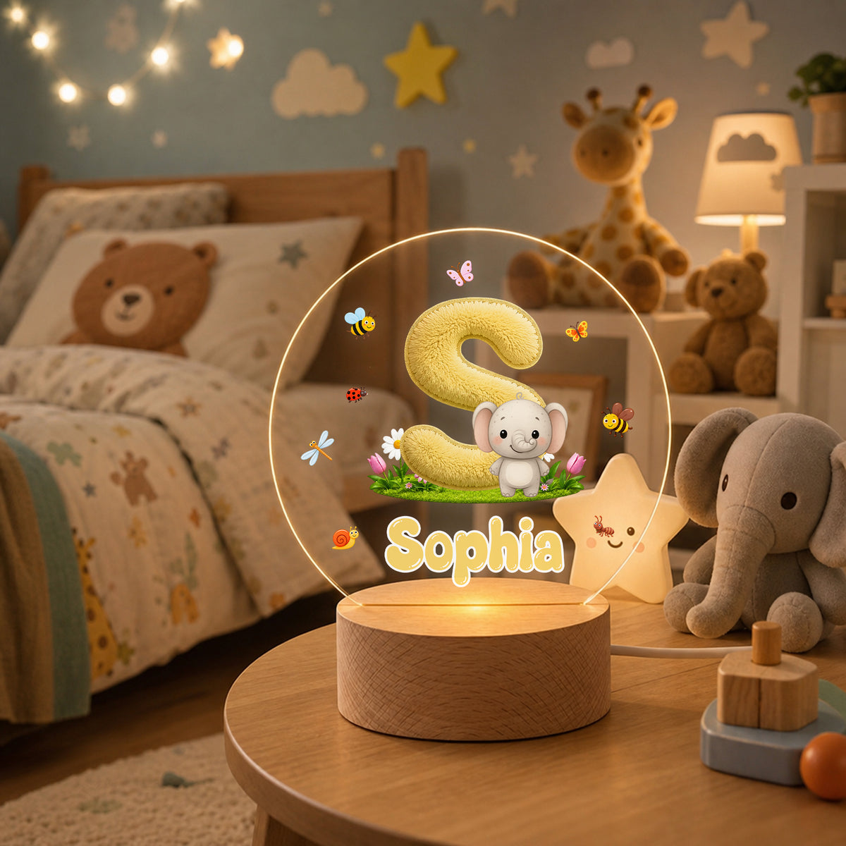 Personalized Cute Animal Insect Initial LED Night Light with Wooden Base and Name Home Decor Back to School Birthday Gift for Children
