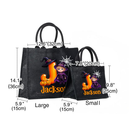 Personalized Pumpkin Halloween Cartoon Ghost Character Jute Tote Bag with Name Halloween Party Gift for Boys Girls