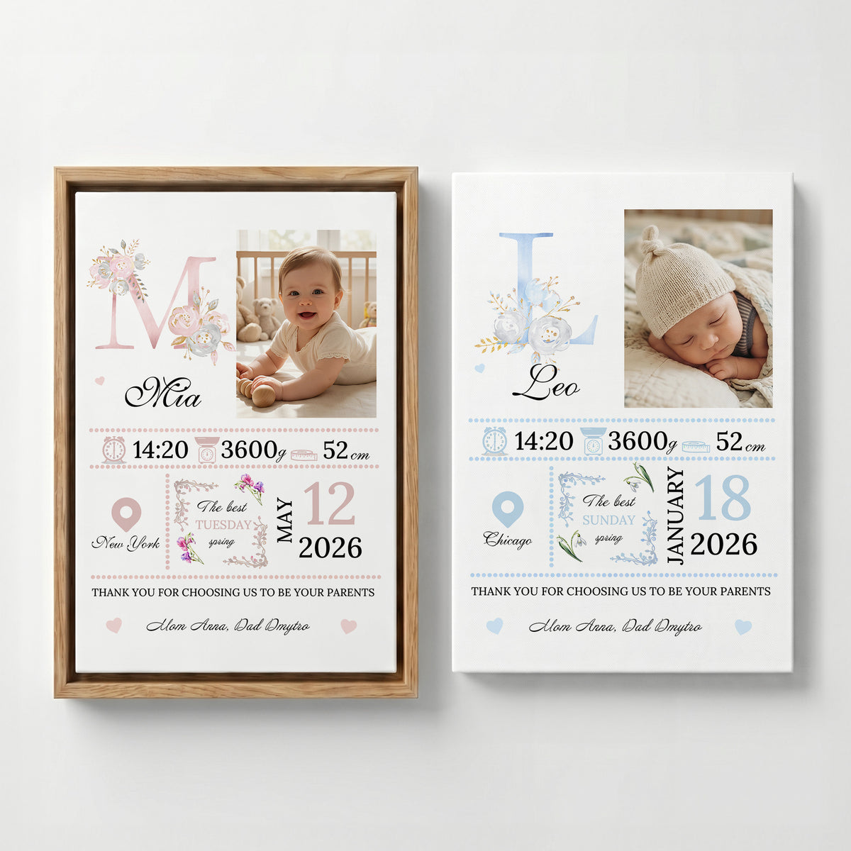 Personalized Birth Flower Photo Canvas Prints with Name Year and Title Warm Minimalist Nursery Decor Ship from USA Birthday Gift for Parents Family