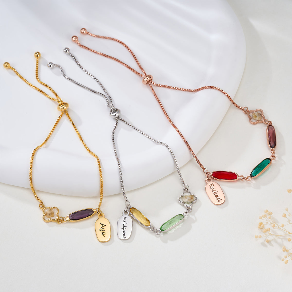 Personalized Birthstone Baby's Breath Flower Adjustable Bracelet with Name Exquisite Jewelry Daily Wear Birthday Anniversary Gift for Girls Women
