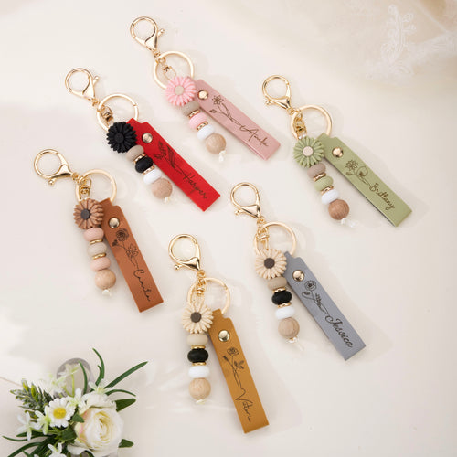 Personalized Birth Flower PU Leather Keychain with Engraved Name and Daisy Bead Pendant Wedding Party Birthday Gift for Bridesmaids Friends