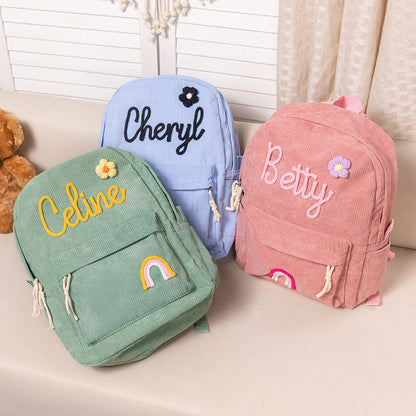 Personalized Braided Flower Rainbow Name Corduroy Kid Toddler Backpack for Preschool Kindergarten Birthday Back to School Gift for Boys Girls