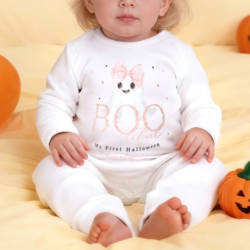 Personalized Cute Ghost Bow Baby Girl Bib Onesie Baby Bodysuit with Name Baby's First Halloween Gift for New Parents